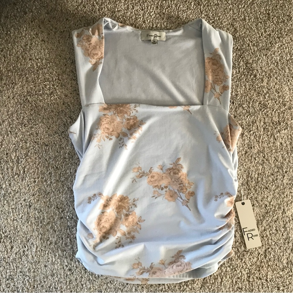 NWT Floral Sleeveless Blouse in Soft Blue and Tan.